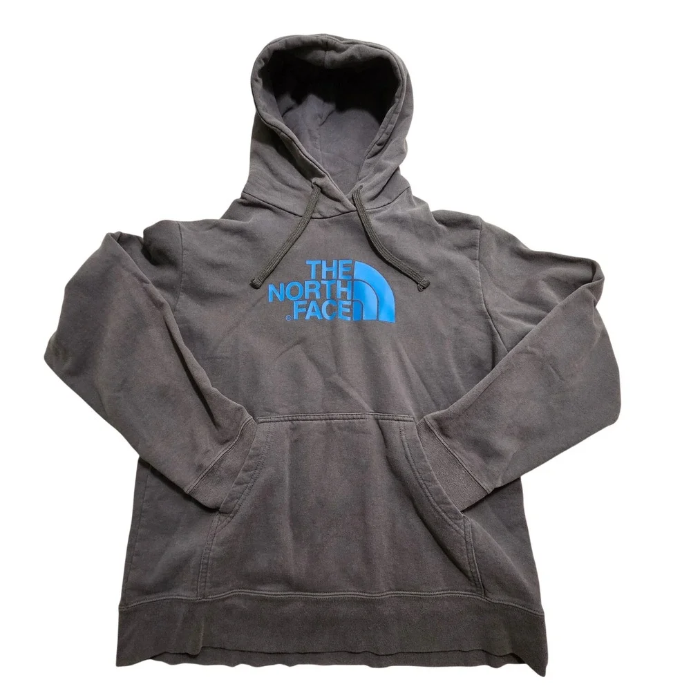 The North Face Mens Hoodie Charcoal Grey‎ Blue Logo Pullover Sweatshirt Size L